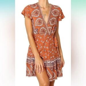 Zesica Rust Border Floral Wrap Dress